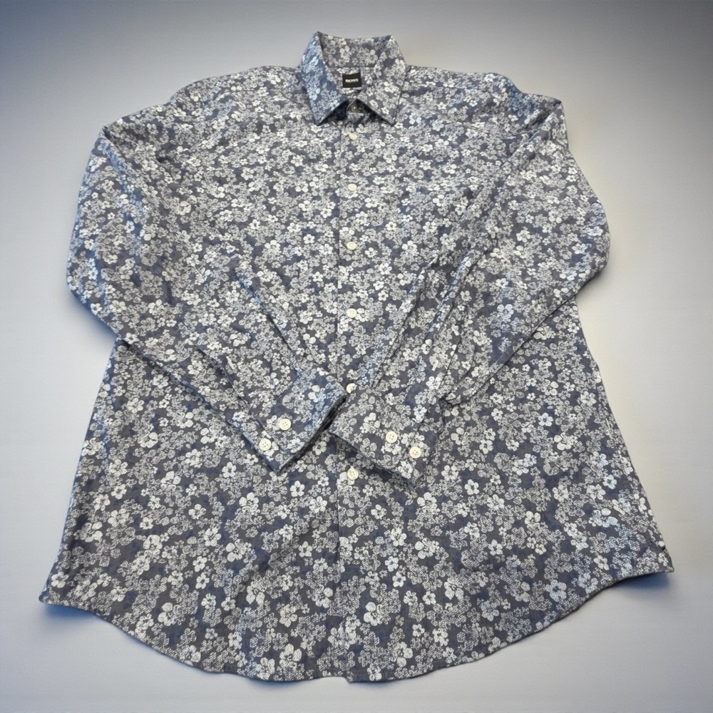 Hugo Boss Button Down Shirt Mens L Blue Floral Regular Fit Long Sleeve 2063